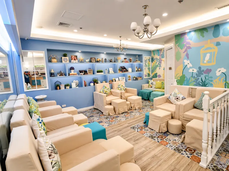 Lounge with a painted floral wall